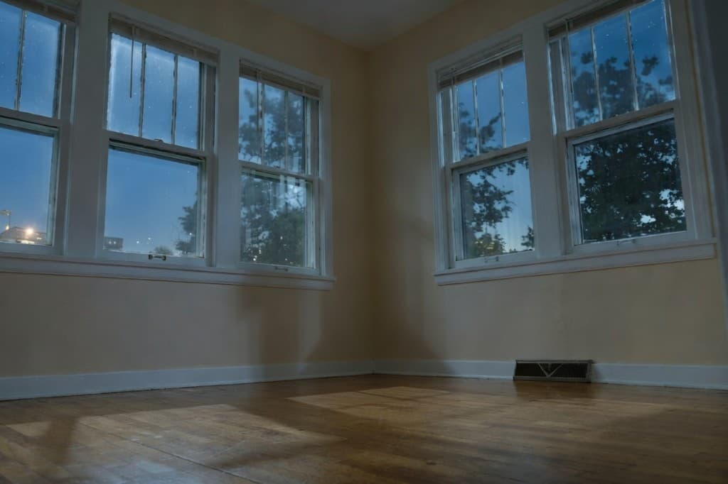 Quarto com janelas à noite